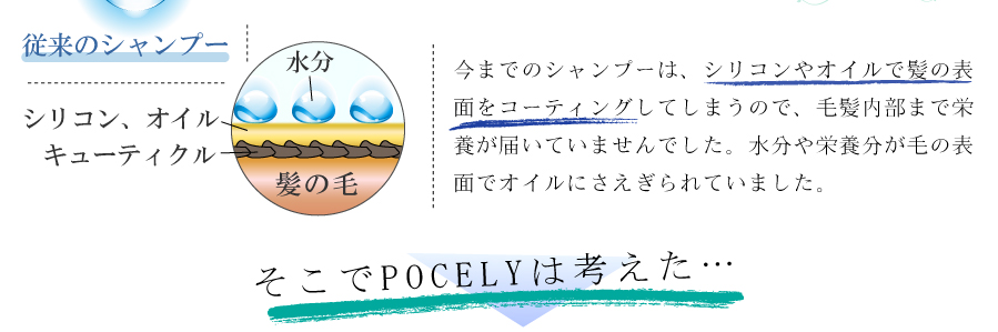 今までのシャンプーは、シリコンやオイルで表面がコーティングされ、髪の毛まで栄養が届いていませんでした。手触りがなめらかだったのは、オイルでコーティングされていたからなのです。